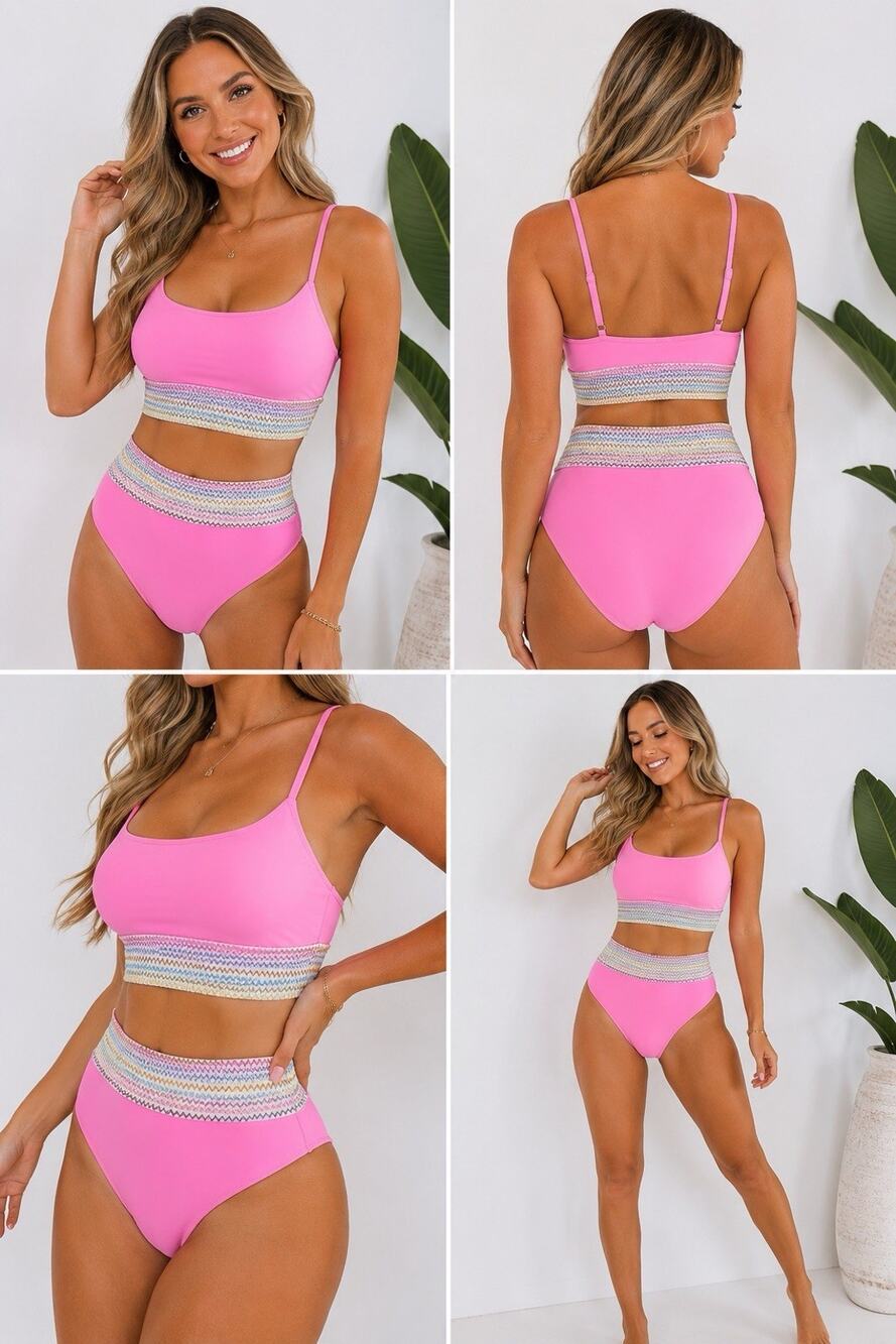 Herseas Pink High Waisted Bikini Set Rainbow Waist Tummy Control Size L